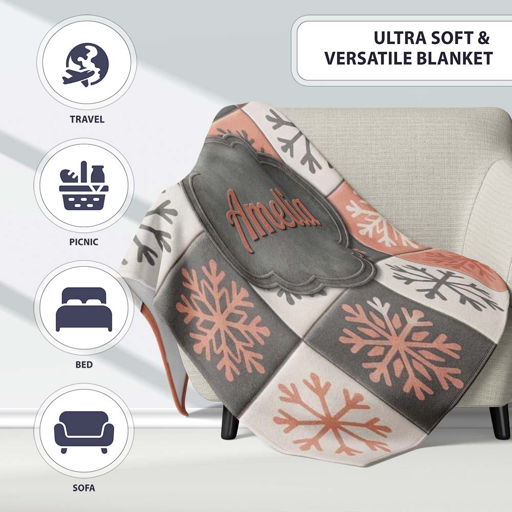 Rustic Folk Tile Snowflake Grid Seamless Pattern Name Cute Unique  Personalised Custom Name Super Soft Fleece Blanket Bed Sofa Throw