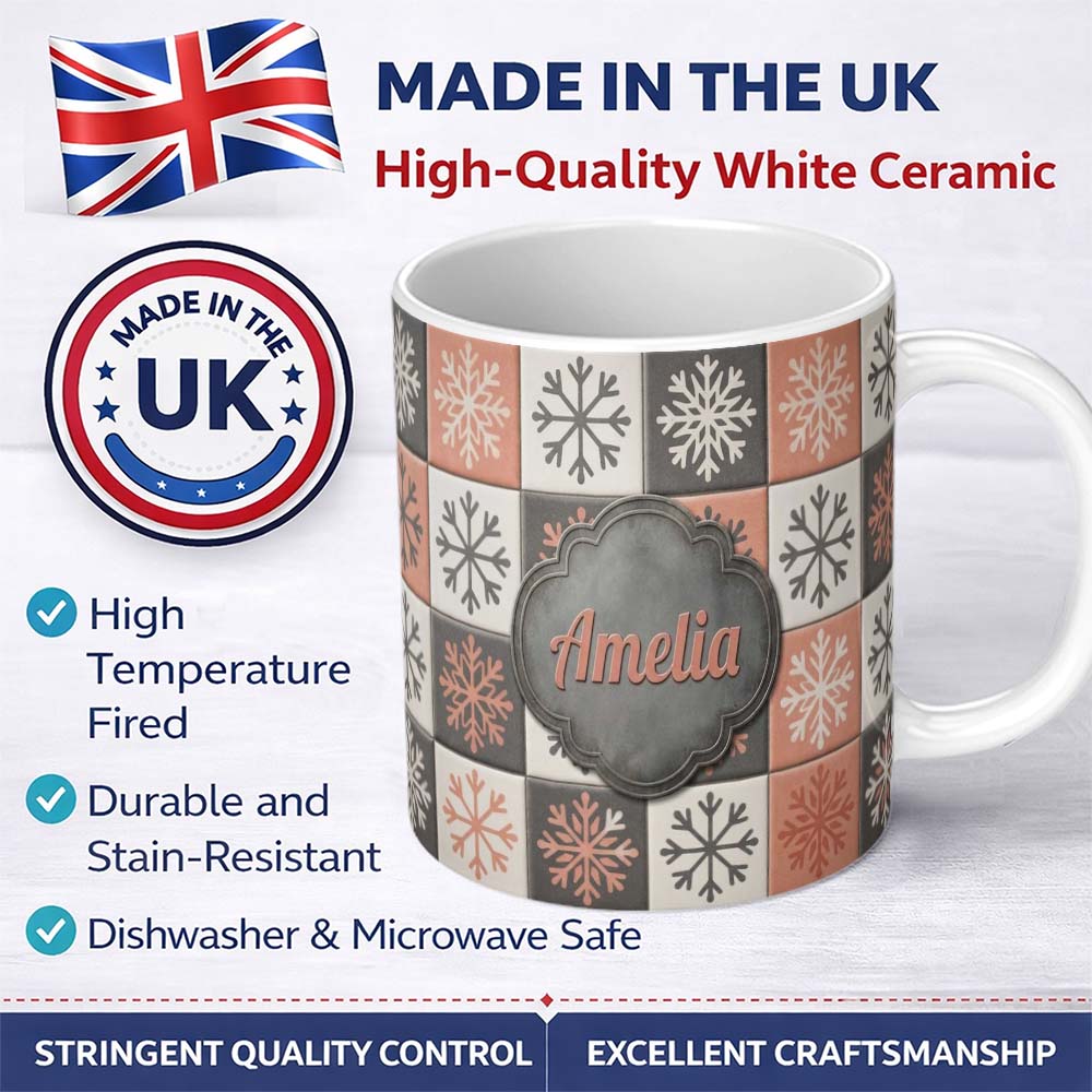 Personalized Custom Name Rustic Folk Tile Snowflake Grid Seamless Pattern Name Cute Unique 11oz Ceramic Coffee Tea Mug White Large Handle