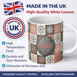 Personalized Custom Name Rustic Folk Tile Snowflake Grid Seamless Pattern Name Cute Unique 11oz Ceramic Coffee Tea Mug White Large Handle
