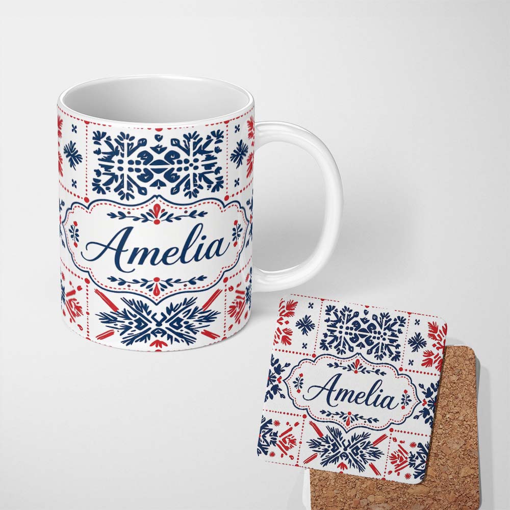 Personalized Custom Name Scandinavian Folk Art Blue Red Symmetry Seamless Pattern Name Cute 11oz Ceramic Coffee Tea Mug White Large Handle