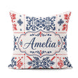 Custom Name Scandinavian Folk Art Blue Red Symmetry Pattern Name Square Filled Cushion Throw Pillow Sofa Bed Home Decor Zip Washable UK Made