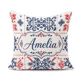 Custom Name Scandinavian Folk Art Blue Red Symmetry Pattern Name Square Filled Cushion Throw Pillow Sofa Bed Home Decor Zip Washable UK Made