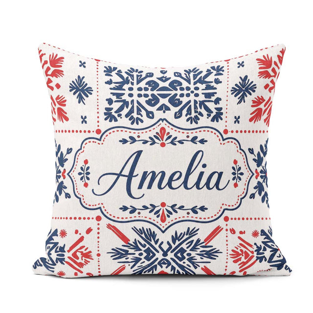 Custom Name Scandinavian Folk Art Blue Red Symmetry Pattern Name Square Filled Cushion Throw Pillow Sofa Bed Home Decor Zip Washable UK Made