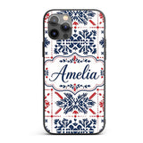 Scandinavian Folk Art Blue Red Symmetry Seamless Custom Name Protective Phone Case Mobile Cover Durable Everyday Smartphone Shock Resistant