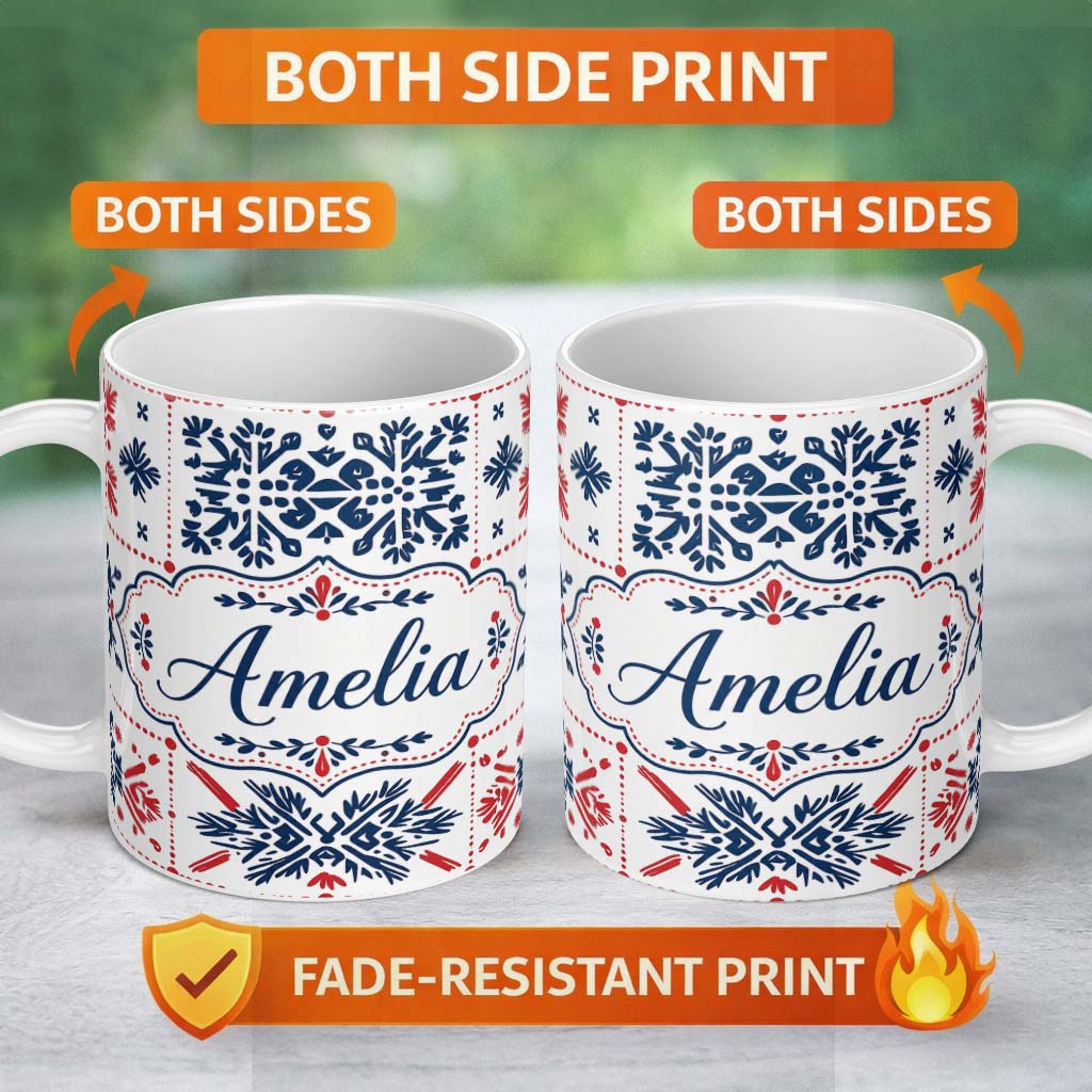 Personalized Custom Name Scandinavian Folk Art Blue Red Symmetry Seamless Pattern Name Cute 11oz Ceramic Coffee Tea Mug White Large Handle