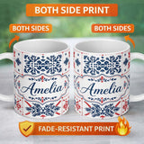 Personalized Custom Name Scandinavian Folk Art Blue Red Symmetry Seamless Pattern Name Cute 11oz Ceramic Coffee Tea Mug White Large Handle