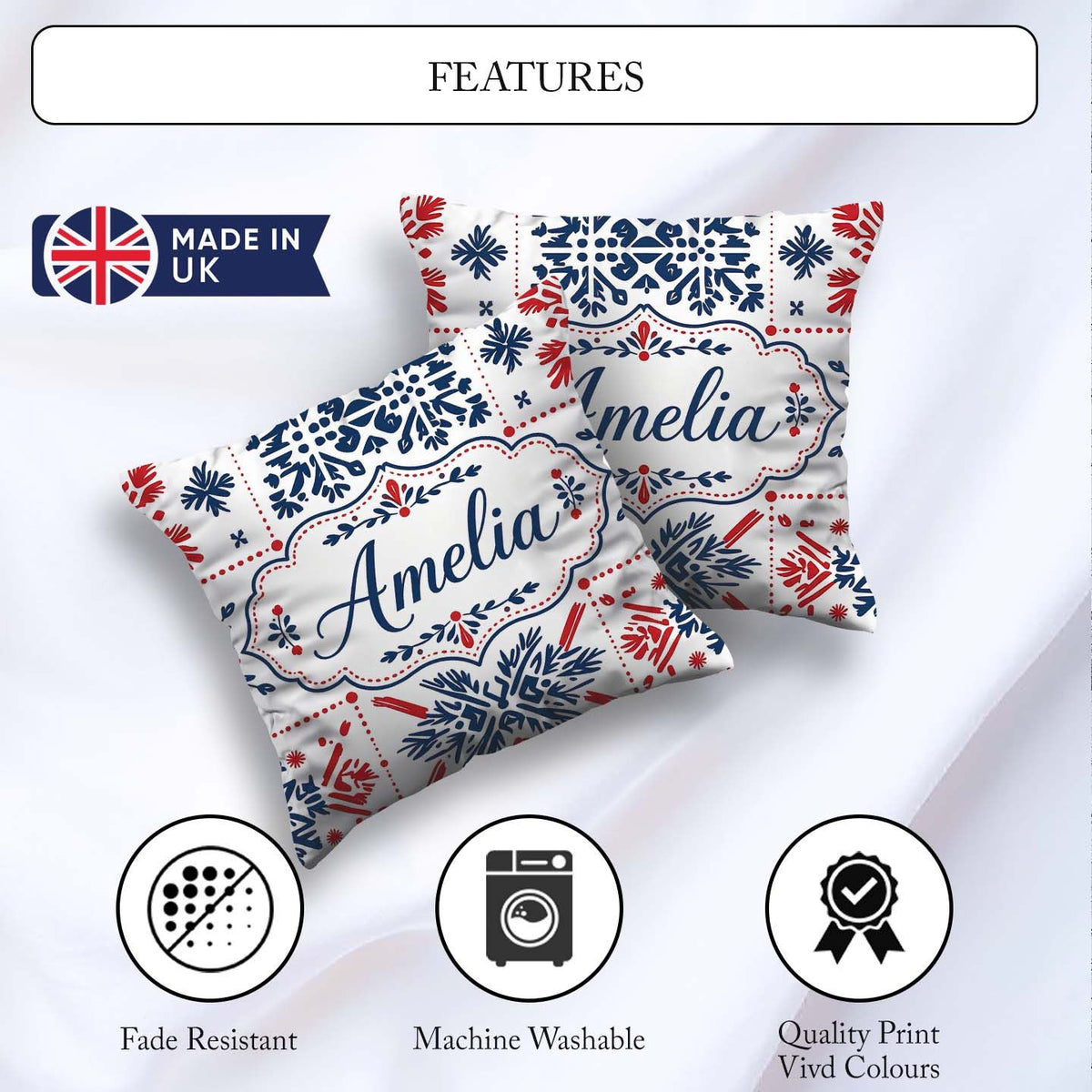 Custom Name Scandinavian Folk Art Blue Red Symmetry Pattern Name Square Filled Cushion Throw Pillow Sofa Bed Home Decor Zip Washable UK Made