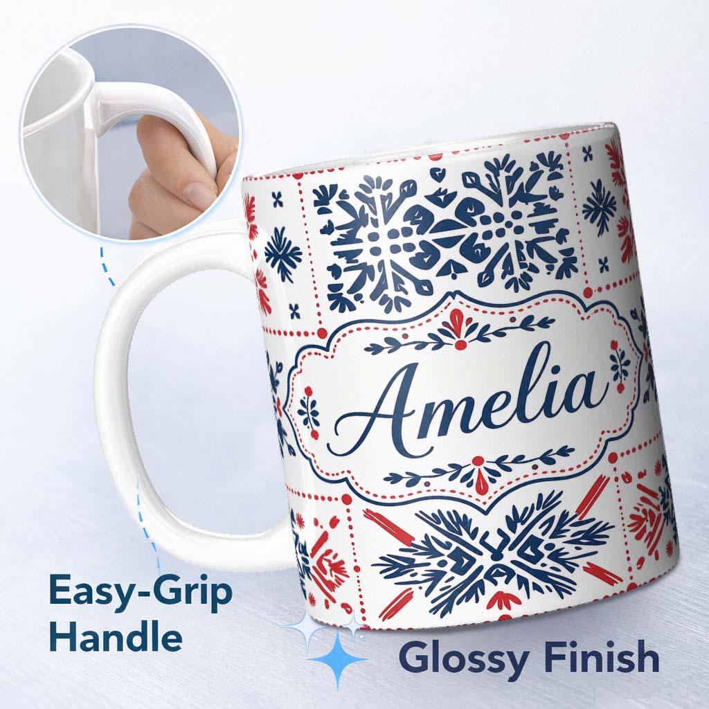 Personalized Custom Name Scandinavian Folk Art Blue Red Symmetry Seamless Pattern Name Cute 11oz Ceramic Coffee Tea Mug White Large Handle
