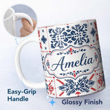 Personalized Custom Name Scandinavian Folk Art Blue Red Symmetry Seamless Pattern Name Cute 11oz Ceramic Coffee Tea Mug White Large Handle