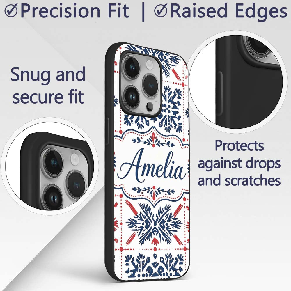 Scandinavian Folk Art Blue Red Symmetry Seamless Custom Name Protective Phone Case Mobile Cover Durable Everyday Smartphone Shock Resistant