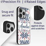 Scandinavian Folk Art Blue Red Symmetry Seamless Custom Name Protective Phone Case Mobile Cover Durable Everyday Smartphone Shock Resistant