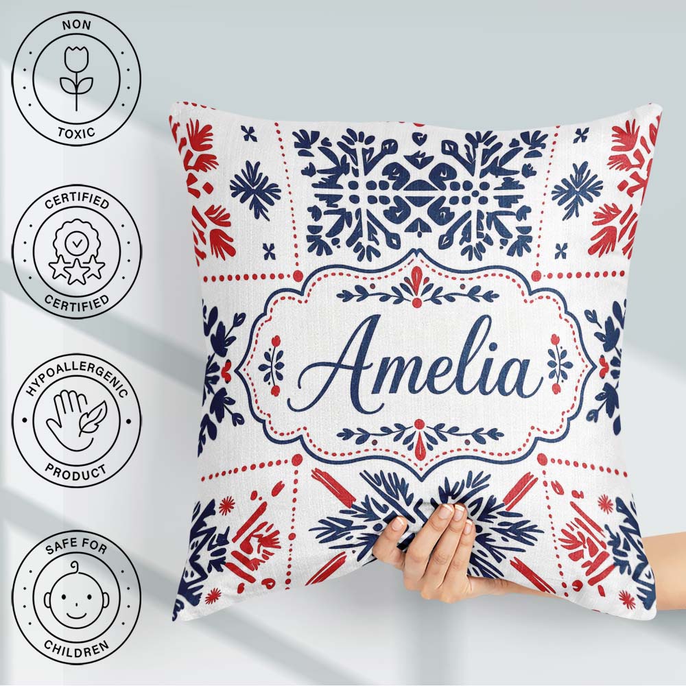 Custom Name Scandinavian Folk Art Blue Red Symmetry Pattern Name Square Filled Cushion Throw Pillow Sofa Bed Home Decor Zip Washable UK Made