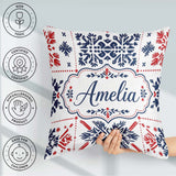 Custom Name Scandinavian Folk Art Blue Red Symmetry Pattern Name Square Filled Cushion Throw Pillow Sofa Bed Home Decor Zip Washable UK Made