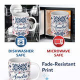 Personalized Custom Name Scandinavian Folk Art Blue Red Symmetry Seamless Pattern Name Cute 11oz Ceramic Coffee Tea Mug White Large Handle