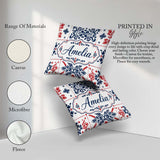 Custom Name Scandinavian Folk Art Blue Red Symmetry Pattern Name Square Filled Cushion Throw Pillow Sofa Bed Home Decor Zip Washable UK Made