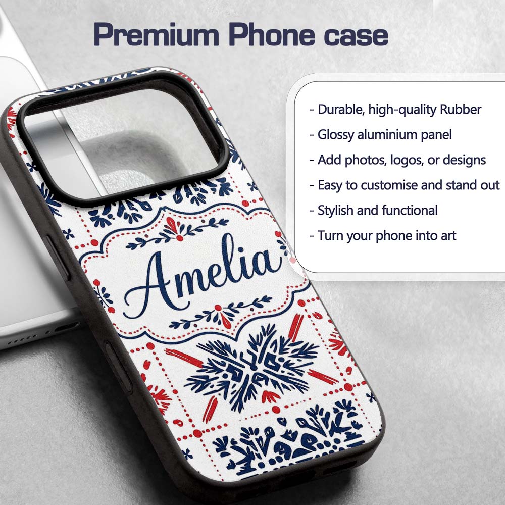Scandinavian Folk Art Blue Red Symmetry Seamless Custom Name Protective Phone Case Mobile Cover Durable Everyday Smartphone Shock Resistant