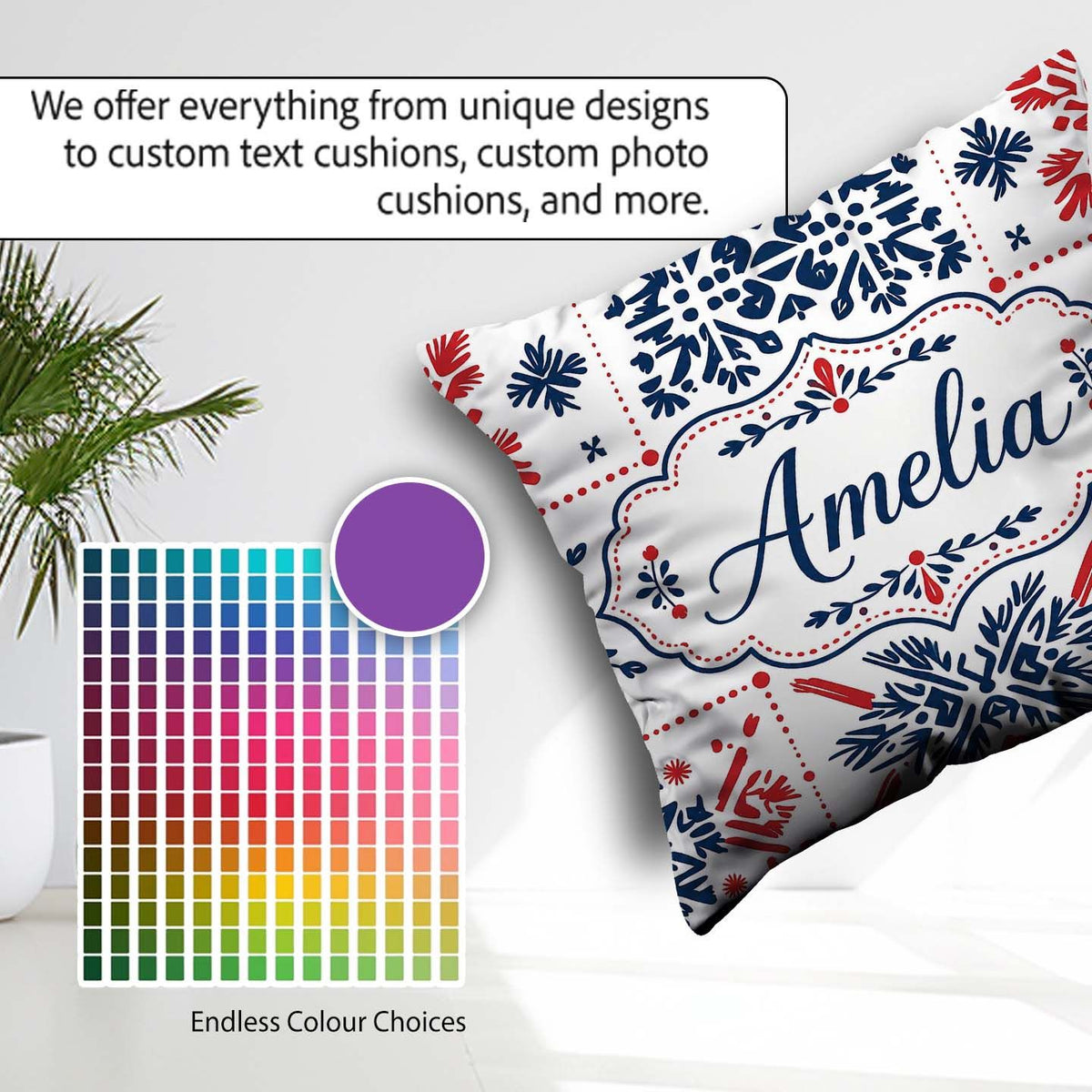 Custom Name Scandinavian Folk Art Blue Red Symmetry Pattern Name Square Filled Cushion Throw Pillow Sofa Bed Home Decor Zip Washable UK Made