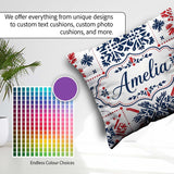 Custom Name Scandinavian Folk Art Blue Red Symmetry Pattern Name Square Filled Cushion Throw Pillow Sofa Bed Home Decor Zip Washable UK Made