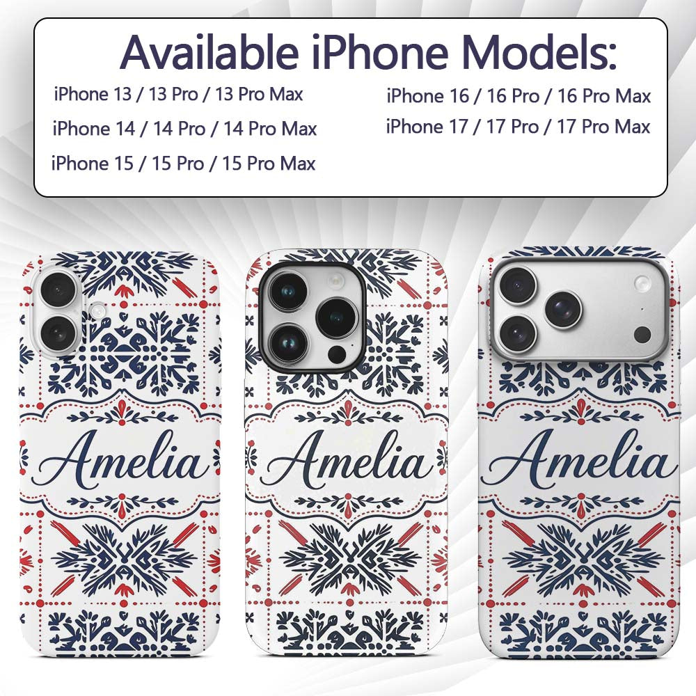 Scandinavian Folk Art Blue Red Symmetry Seamless Custom Name Protective Phone Case Mobile Cover Durable Everyday Smartphone Shock Resistant