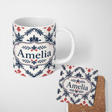 Personalized Custom Name Nordic Folk Floral Grid Blue Red Seamless Pattern Name Cute Unique 11oz Ceramic Coffee Tea Mug White Large Handle