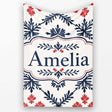 Nordic Folk Floral Grid Blue Red Seamless Pattern Name Cute Unique  Personalised Custom Name Super Soft Fleece Blanket Bed Sofa Throw
