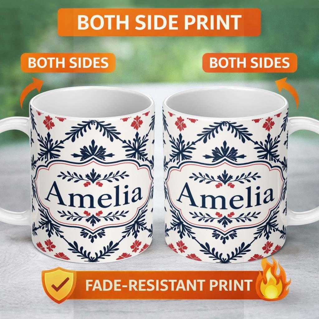 Personalized Custom Name Nordic Folk Floral Grid Blue Red Seamless Pattern Name Cute Unique 11oz Ceramic Coffee Tea Mug White Large Handle
