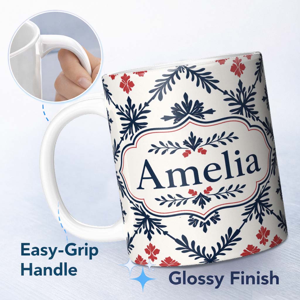 Personalized Custom Name Nordic Folk Floral Grid Blue Red Seamless Pattern Name Cute Unique 11oz Ceramic Coffee Tea Mug White Large Handle