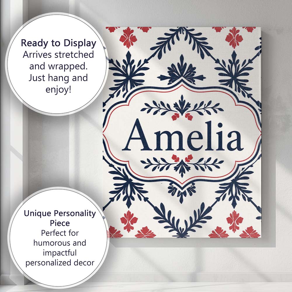 Personalised Name Nordic Folk Floral Grid Custom  Unique Gift Idea Elegant Feature Canvas Wall Art Print Decor Picture Ready to Hang