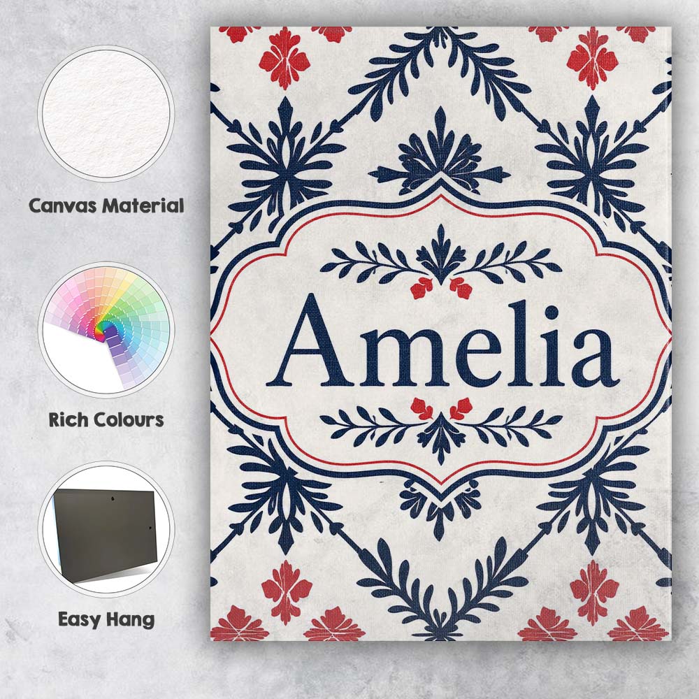 Personalised Name Nordic Folk Floral Grid Custom  Unique Gift Idea Elegant Feature Canvas Wall Art Print Decor Picture Ready to Hang