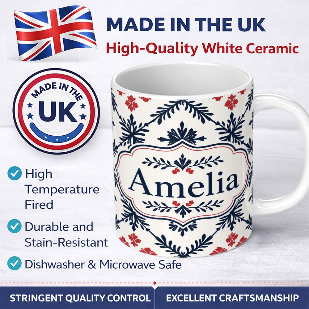 Personalized Custom Name Nordic Folk Floral Grid Blue Red Seamless Pattern Name Cute Unique 11oz Ceramic Coffee Tea Mug White Large Handle