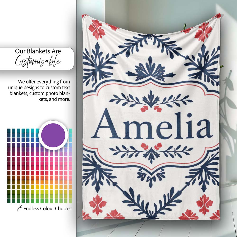 Nordic Folk Floral Grid Blue Red Seamless Pattern Name Cute Unique  Personalised Custom Name Super Soft Fleece Blanket Bed Sofa Throw