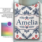 Nordic Folk Floral Grid Blue Red Seamless Pattern Name Cute Unique  Personalised Custom Name Super Soft Fleece Blanket Bed Sofa Throw