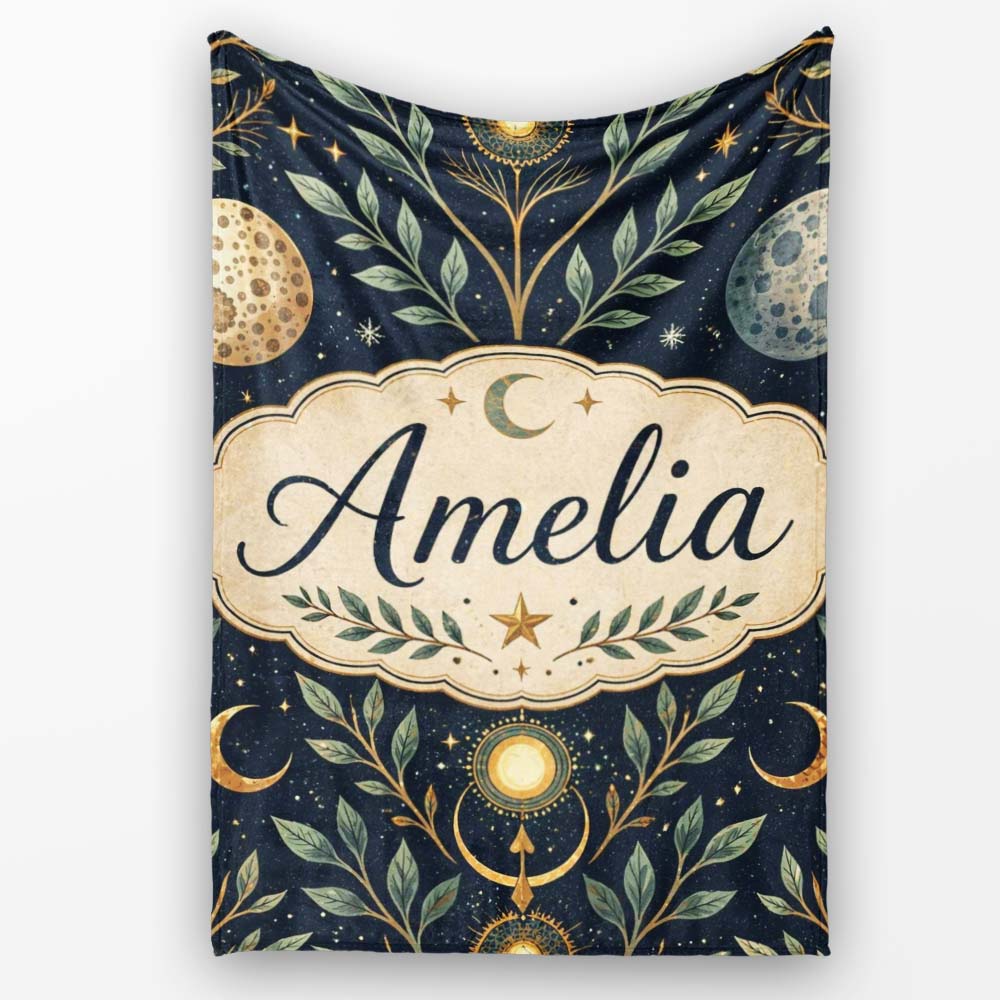 Celestial Botanical Moon Phases Sacred Night Seamless Pattern Lovely  Personalised Custom Name Super Soft Fleece Blanket Bed Sofa Throw