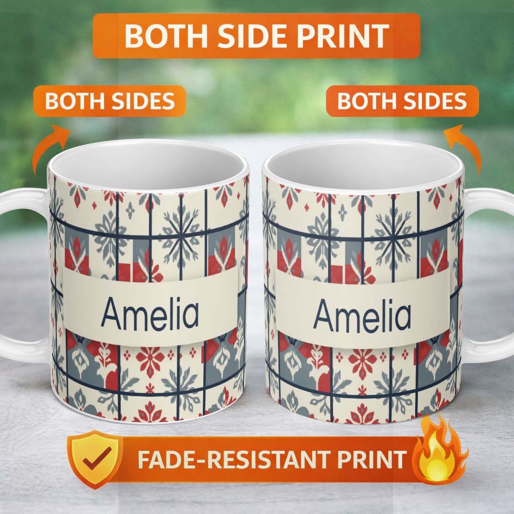 Personalized Custom Name Minimal Folk Diamond Blue Red Seamless Pattern Name Cute Unique Gift 11oz Ceramic Coffee Tea Mug White Large Handle
