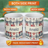 Personalized Custom Name Minimal Folk Diamond Blue Red Seamless Pattern Name Cute Unique Gift 11oz Ceramic Coffee Tea Mug White Large Handle