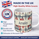Personalized Custom Name Minimal Folk Diamond Blue Red Seamless Pattern Name Cute Unique Gift 11oz Ceramic Coffee Tea Mug White Large Handle