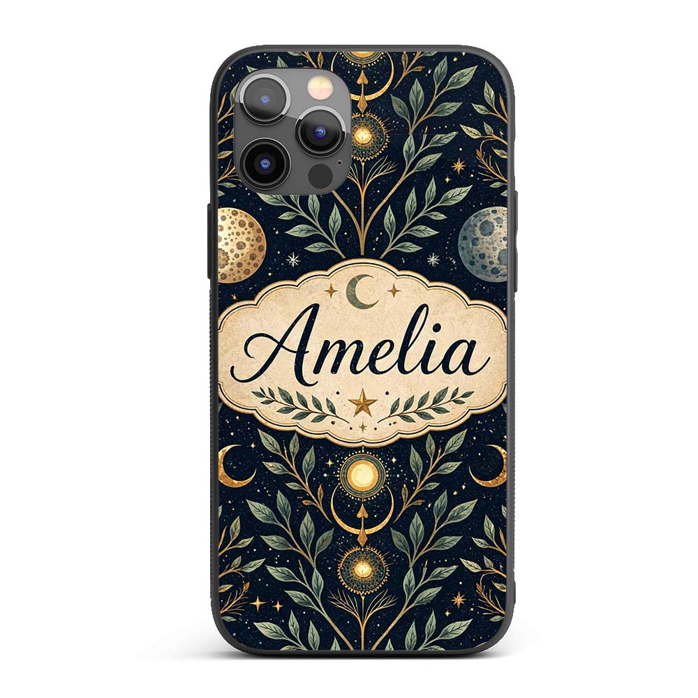 Celestial Botanical Moon Phases Sacred Night Custom Name Protective Phone Case Mobile Cover Durable Everyday Smartphone Shock Resistant