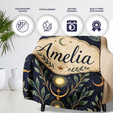 Celestial Botanical Moon Phases Sacred Night Seamless Pattern Lovely  Personalised Custom Name Super Soft Fleece Blanket Bed Sofa Throw