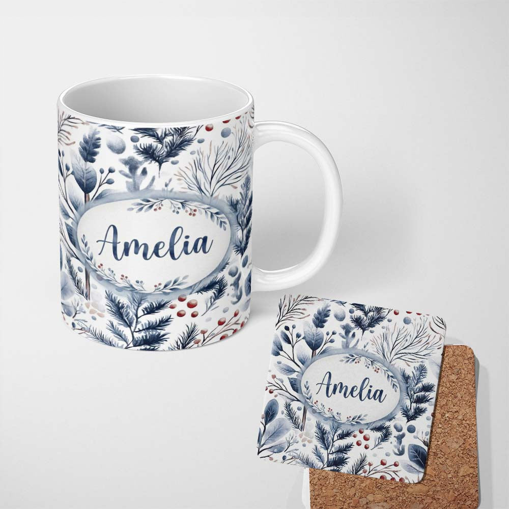 Personalized Custom Name Vintage Nordic Stripe Snowflake Seamless Pattern Name Cute Unique 11oz Ceramic Coffee Tea Mug White Large Handle