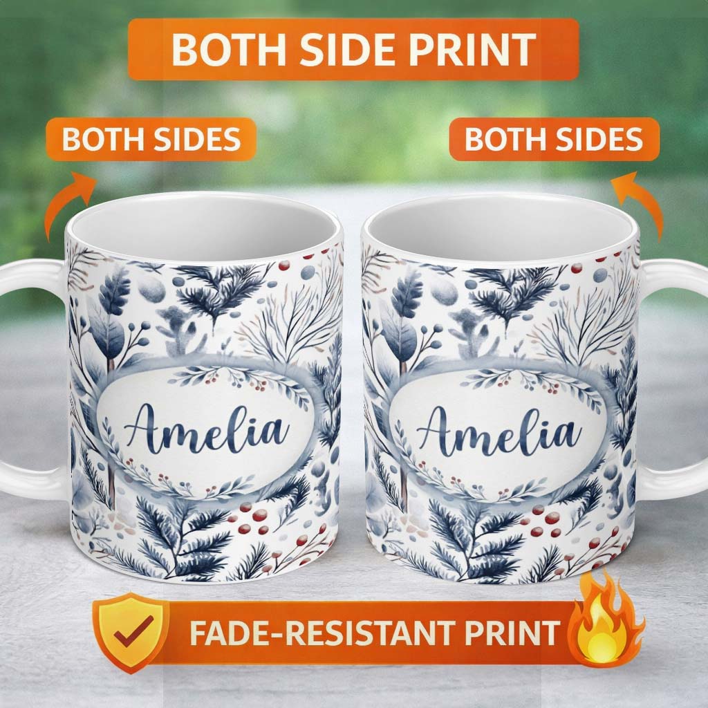 Personalized Custom Name Vintage Nordic Stripe Snowflake Seamless Pattern Name Cute Unique 11oz Ceramic Coffee Tea Mug White Large Handle