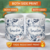 Personalized Custom Name Vintage Nordic Stripe Snowflake Seamless Pattern Name Cute Unique 11oz Ceramic Coffee Tea Mug White Large Handle