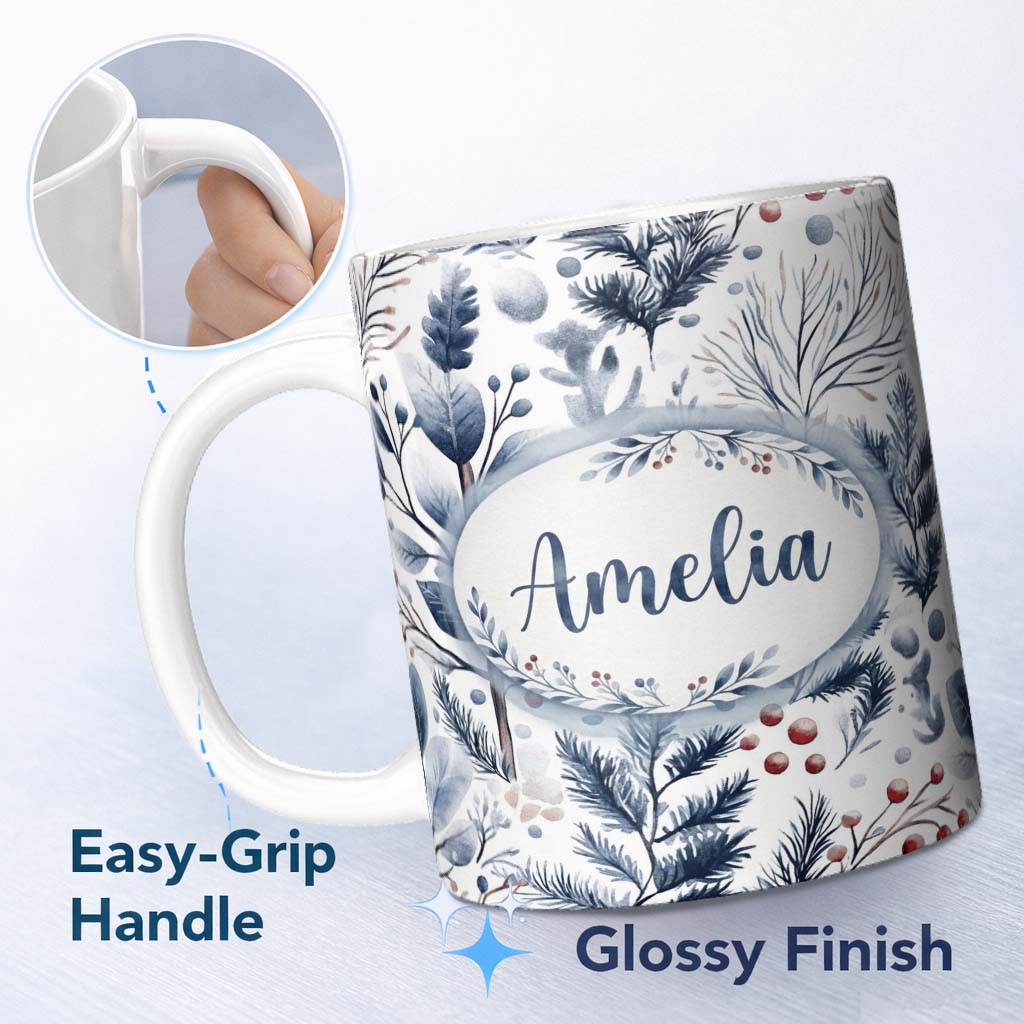 Personalized Custom Name Vintage Nordic Stripe Snowflake Seamless Pattern Name Cute Unique 11oz Ceramic Coffee Tea Mug White Large Handle