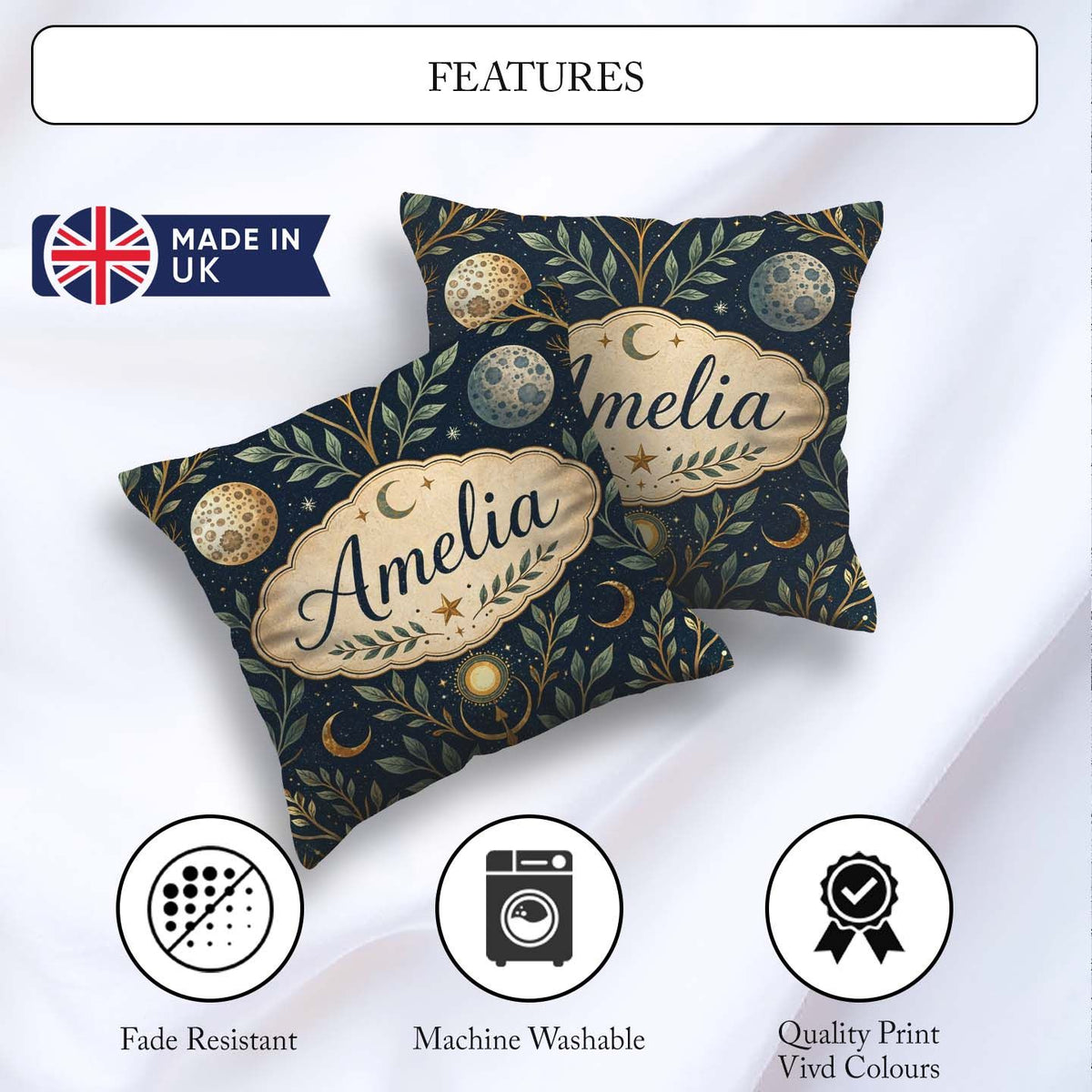 Custom Name Celestial Botanical Moon Phases Sacred Night Pattern Square Filled Cushion Throw Pillow Sofa Bed Home Decor Zip Washable UK Made