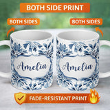 Personalized Custom Name Winter Botanical Branch Berry Seamless Pattern Name Cute Unique Gift 11oz Ceramic Coffee Tea Mug White Large Handle