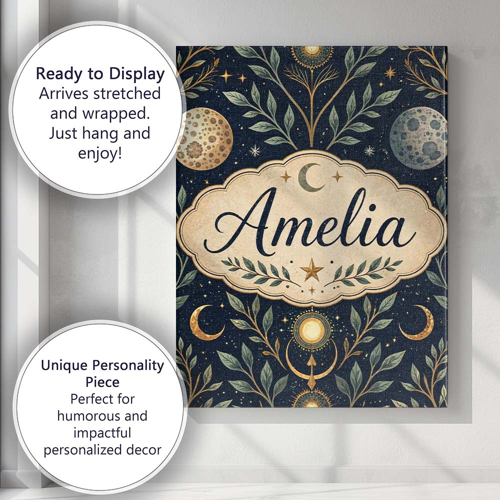 Personalised Name Celestial Botanical Moon Phases Sacred Night Custom Modern Room Accent Canvas Wall Art Print Decor Picture Ready to Hang