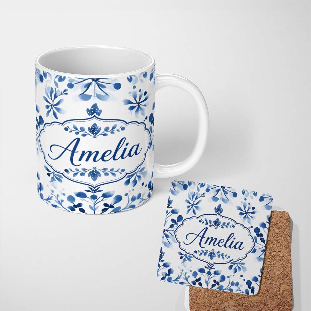 Personalized Custom Name Blue Watercolor Floral Snowflake Botanical Seamless Pattern Name 11oz Ceramic Coffee Tea Mug White Large Handle