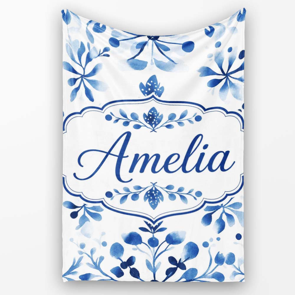 Blue Watercolor Floral Snowflake Botanical Seamless Pattern Name  Personalised Custom Name Super Soft Fleece Blanket Bed Sofa Throw