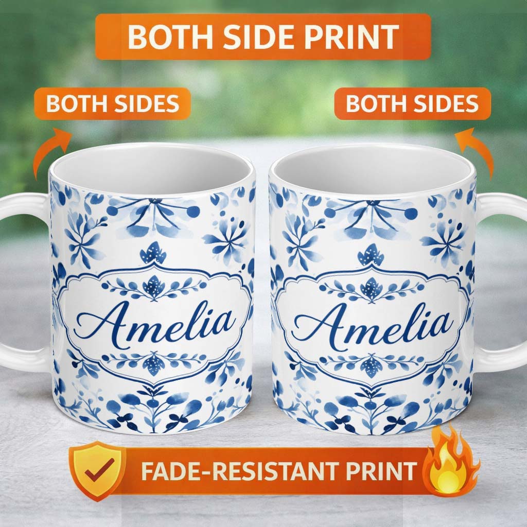 Personalized Custom Name Blue Watercolor Floral Snowflake Botanical Seamless Pattern Name 11oz Ceramic Coffee Tea Mug White Large Handle