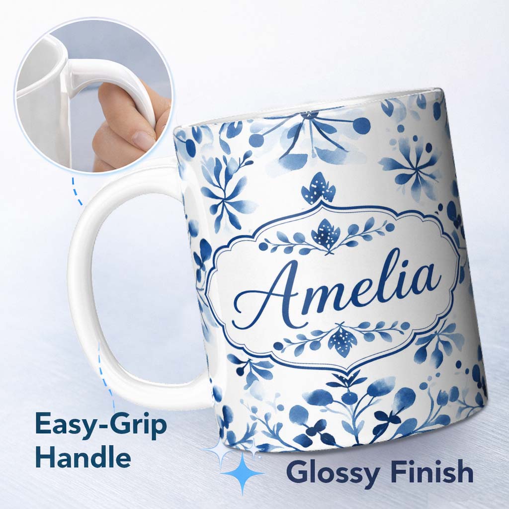Personalized Custom Name Blue Watercolor Floral Snowflake Botanical Seamless Pattern Name 11oz Ceramic Coffee Tea Mug White Large Handle