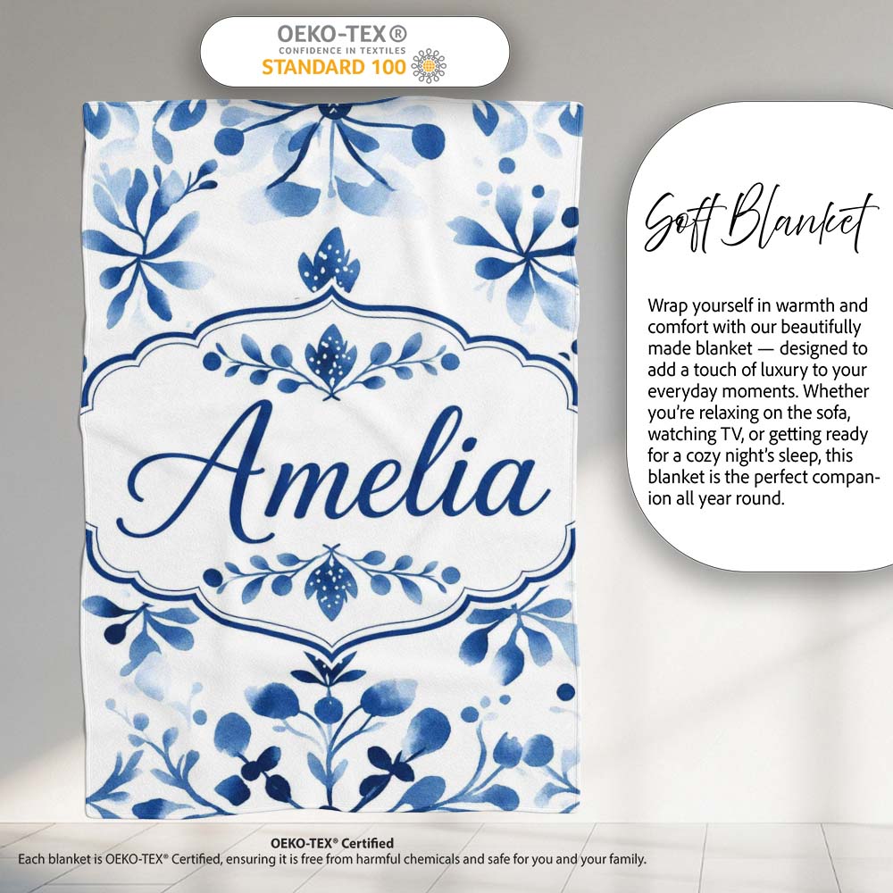 Blue Watercolor Floral Snowflake Botanical Seamless Pattern Name  Personalised Custom Name Super Soft Fleece Blanket Bed Sofa Throw